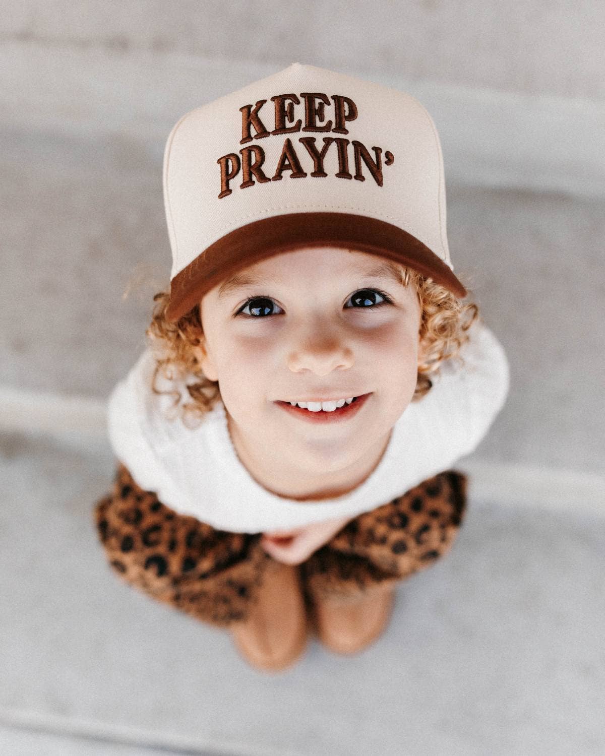 Keep Prayin' KIDS Hat - Brown & Off-White