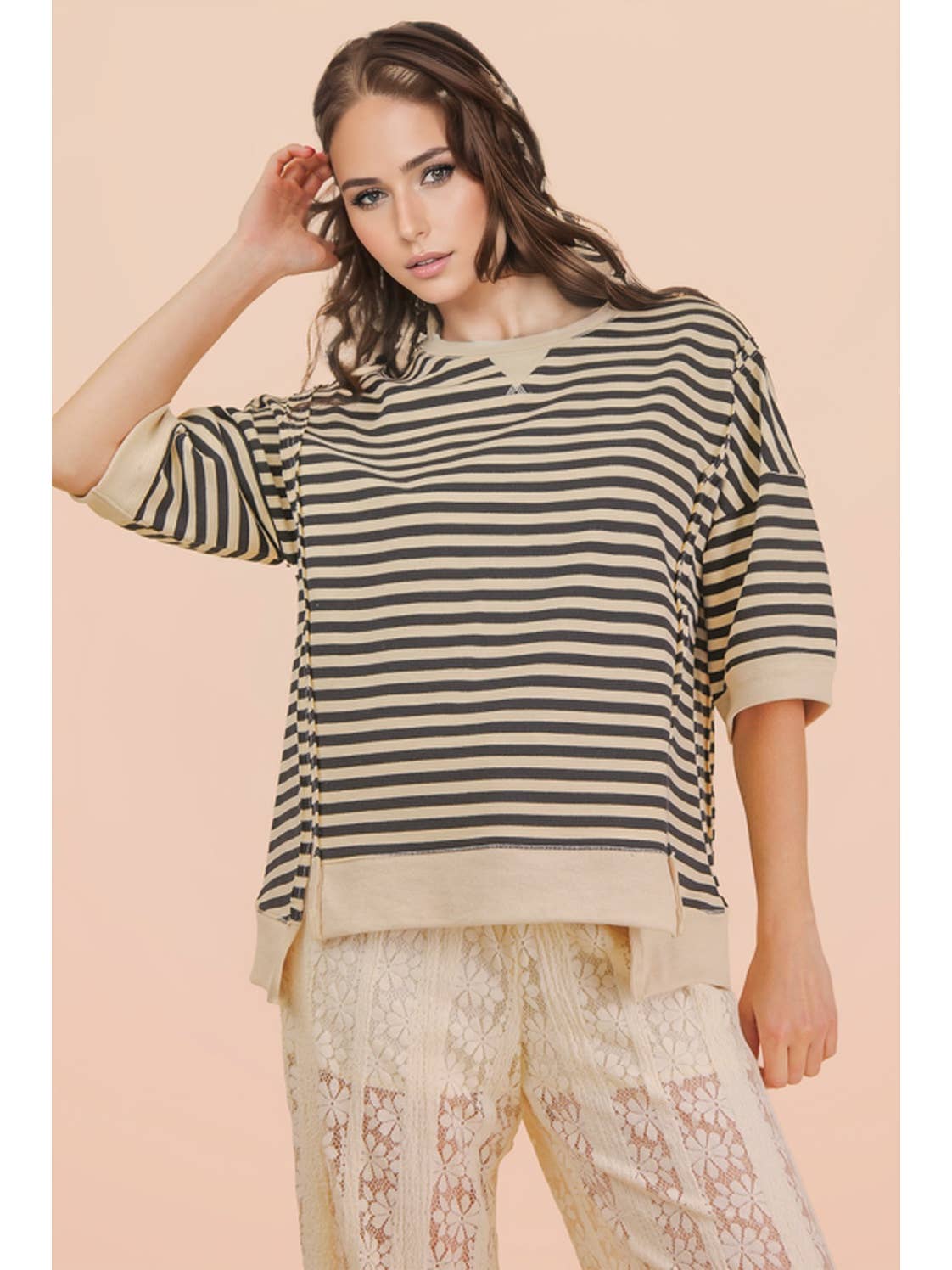Stripe Casual Knit Top Black