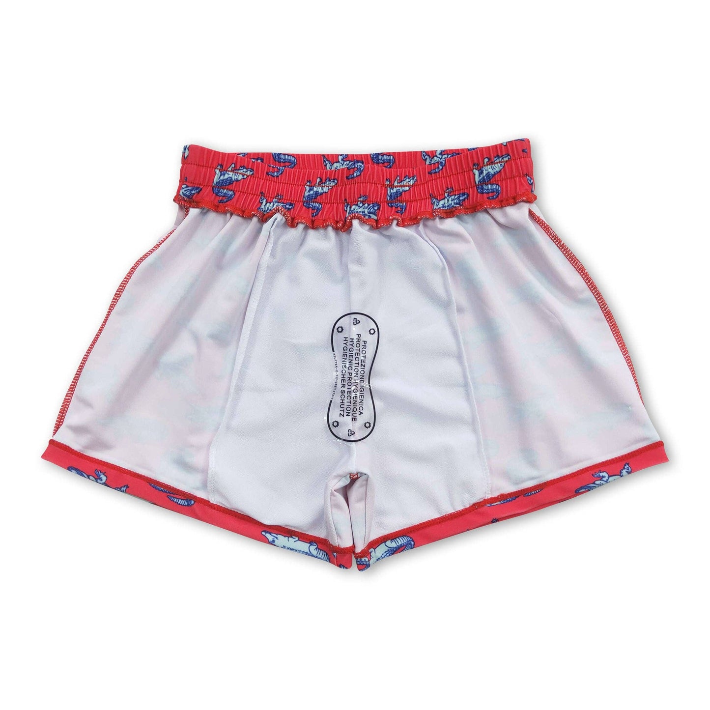 Red later alligator swim trunks