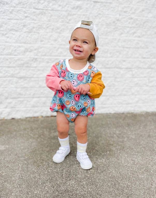 Long Sleeve Bubble Romper - Retro Happy Face