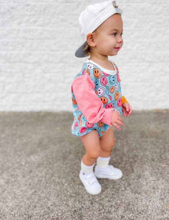 Long Sleeve Bubble Romper - Retro Happy Face