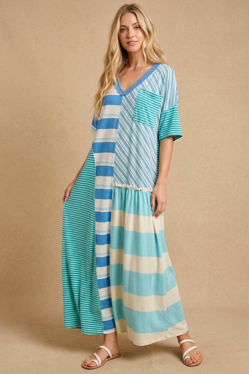 Mixed-Stripe Patchwork Maxi Dress