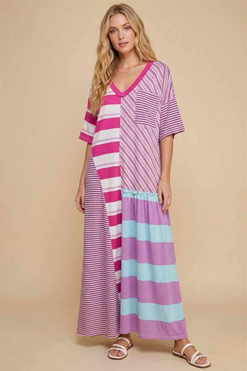 Mixed-Stripe Patchwork Maxi Dress