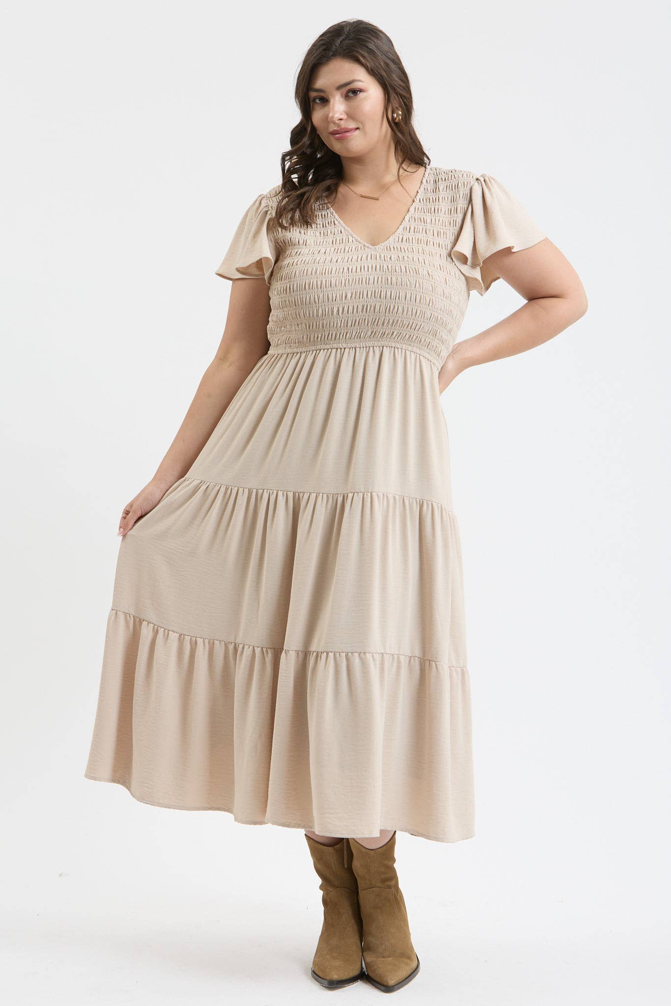 PLUS FLUTTER SLEEVE MIDI DRESS