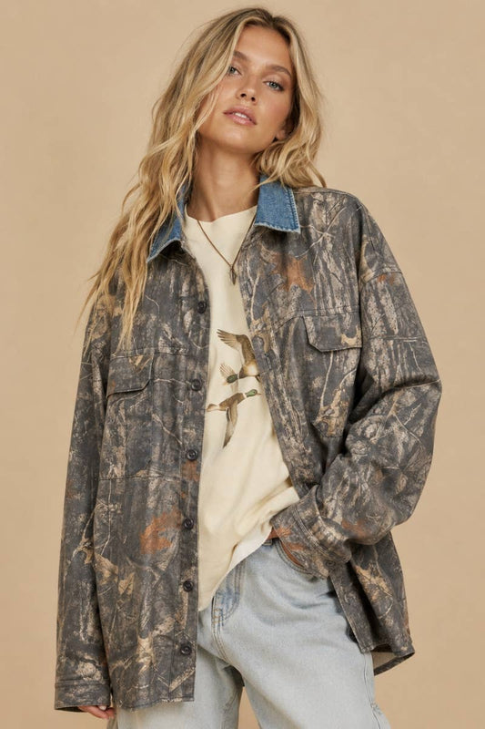 Denim Collar Camo Shacket