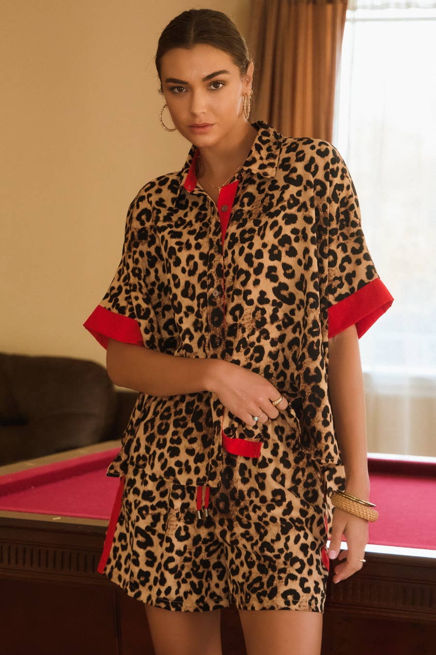 Plus Leopard Printed Shirt & Short Set