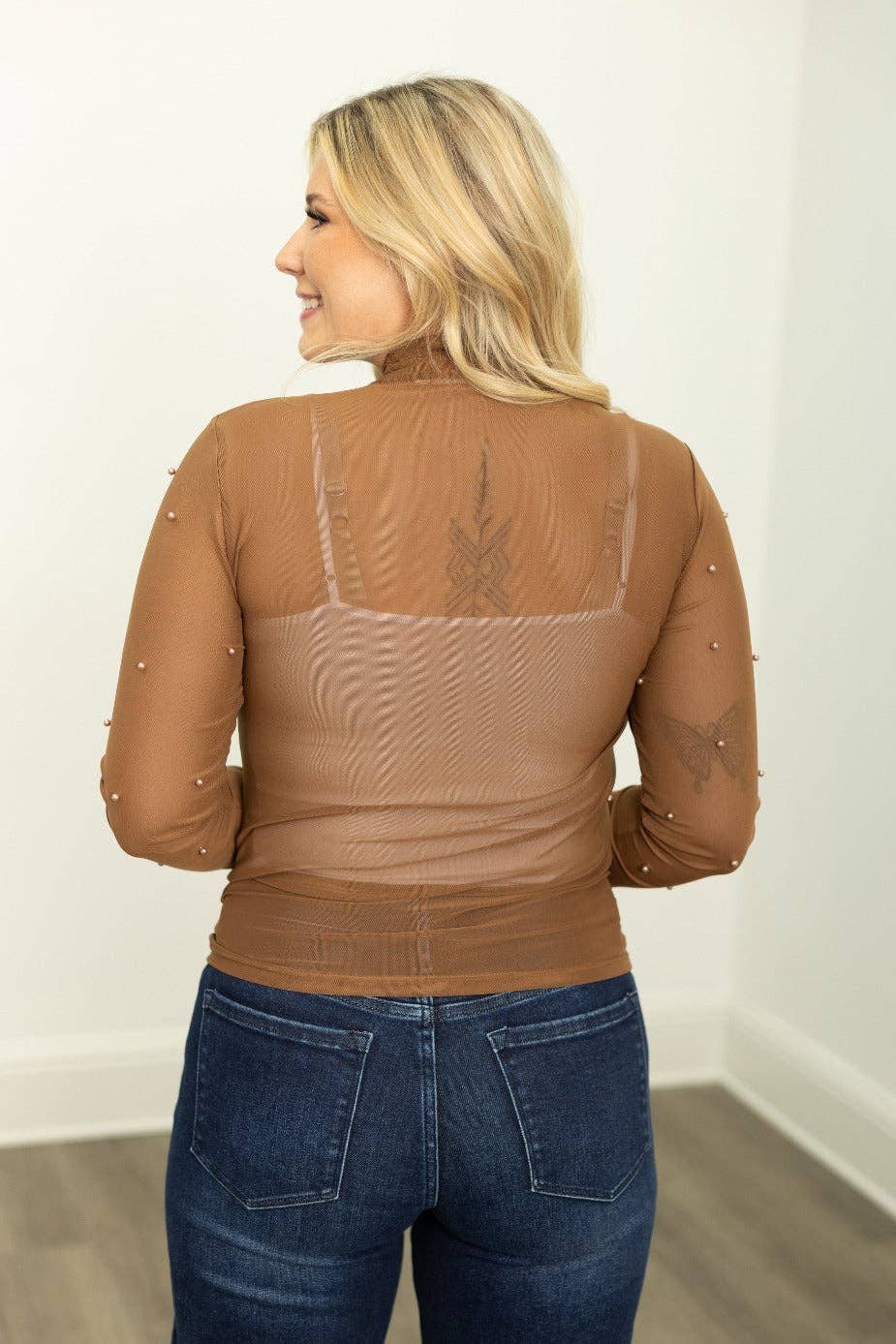 Mock Neck Mesh Top with Pearl Detail, Brown