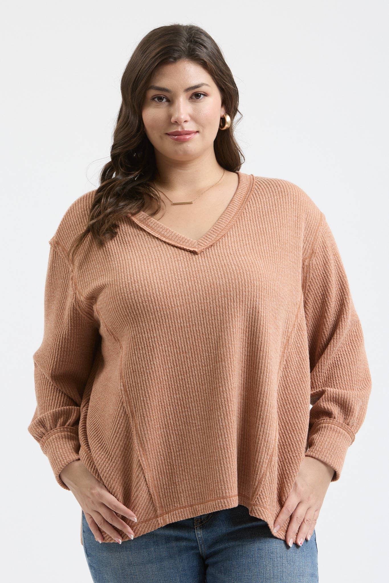 PLUS V NECK ASYMMETRICAL HEM LONG SLEEVE KNIT TOP