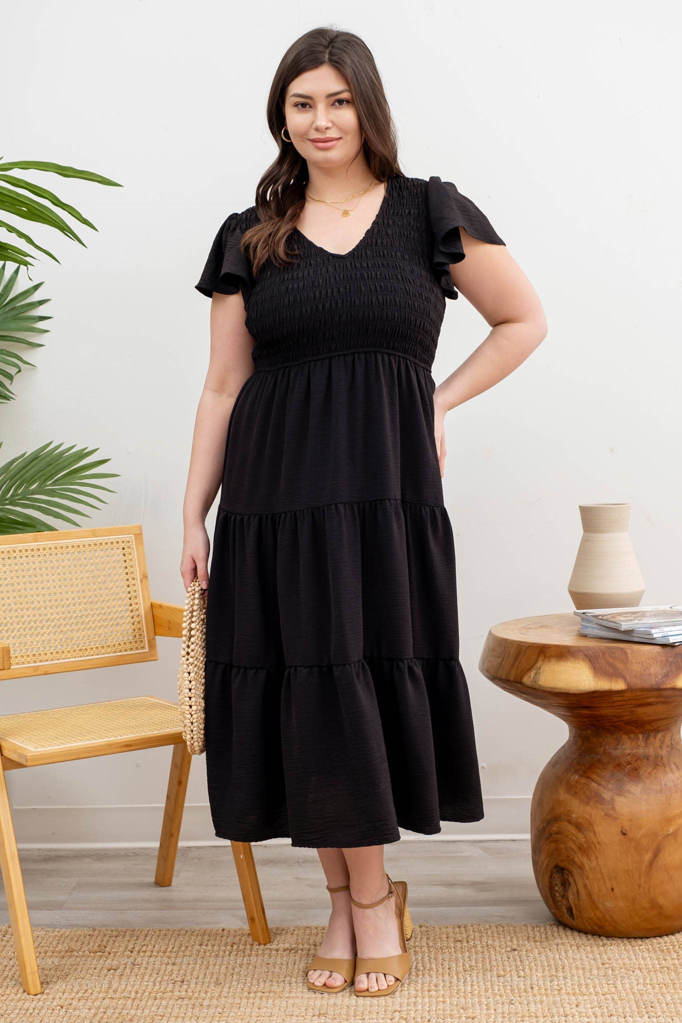 PLUS FLUTTER SLEEVE MIDI DRESS