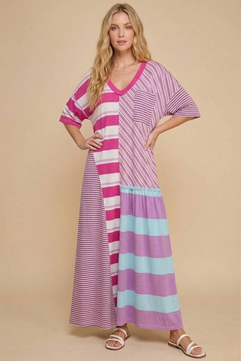 Mixed-Stripe Patchwork Maxi Dress