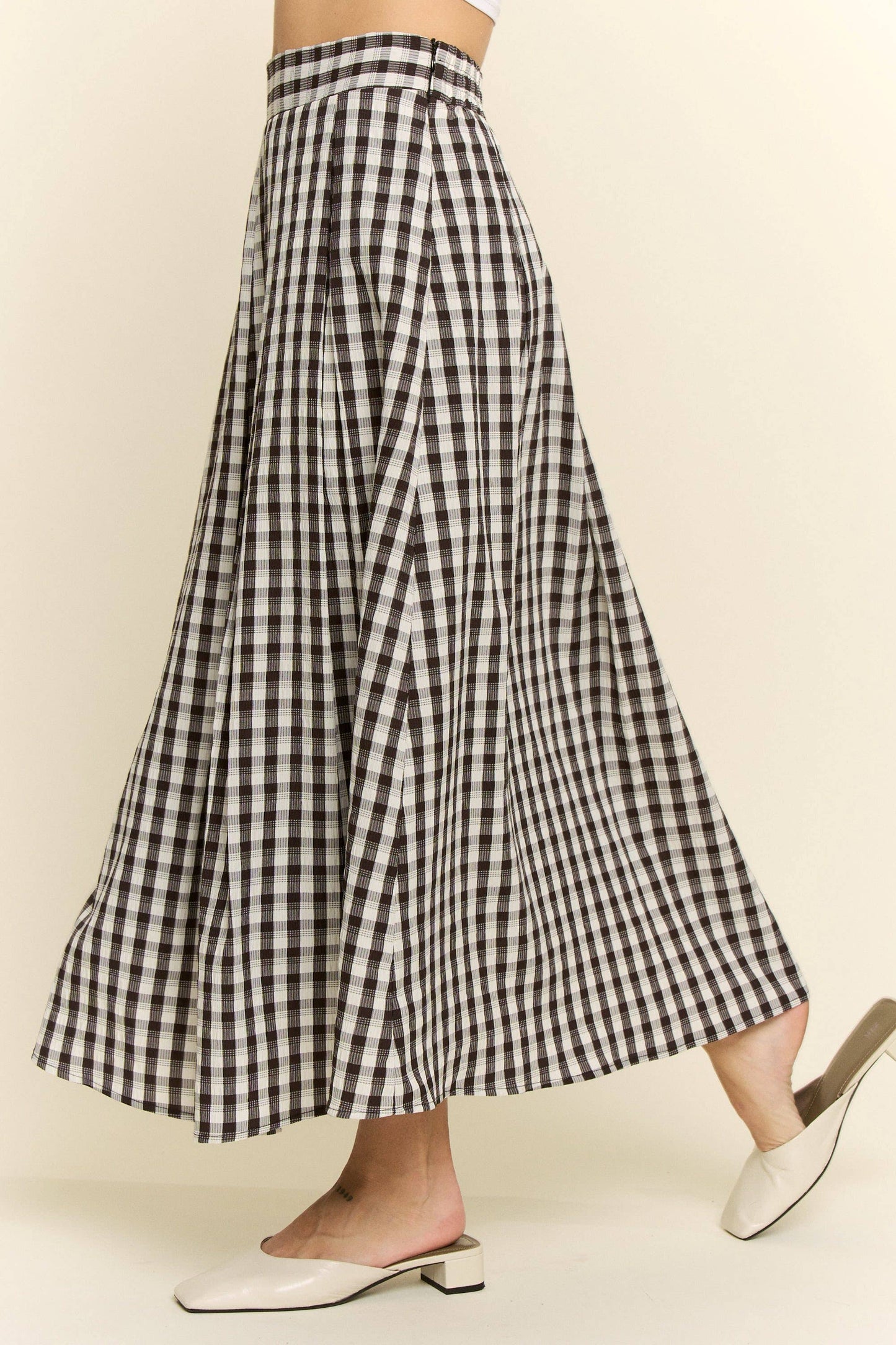 GINGHAM CHECK PLEATED MIDI SKIRT