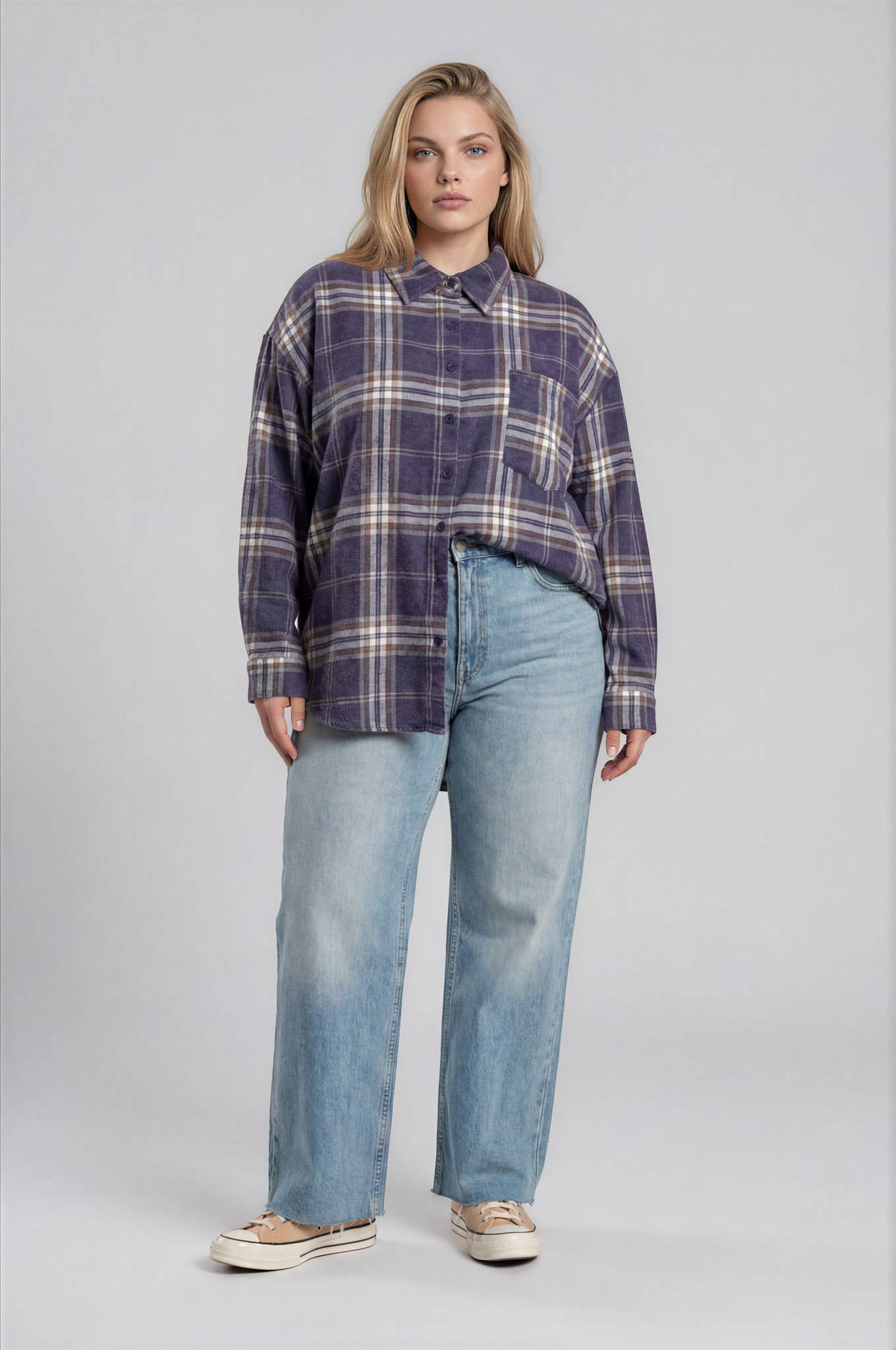PLUS PLAID BOXY BUTTON COLLARED LONG SLEEVE SHIRT