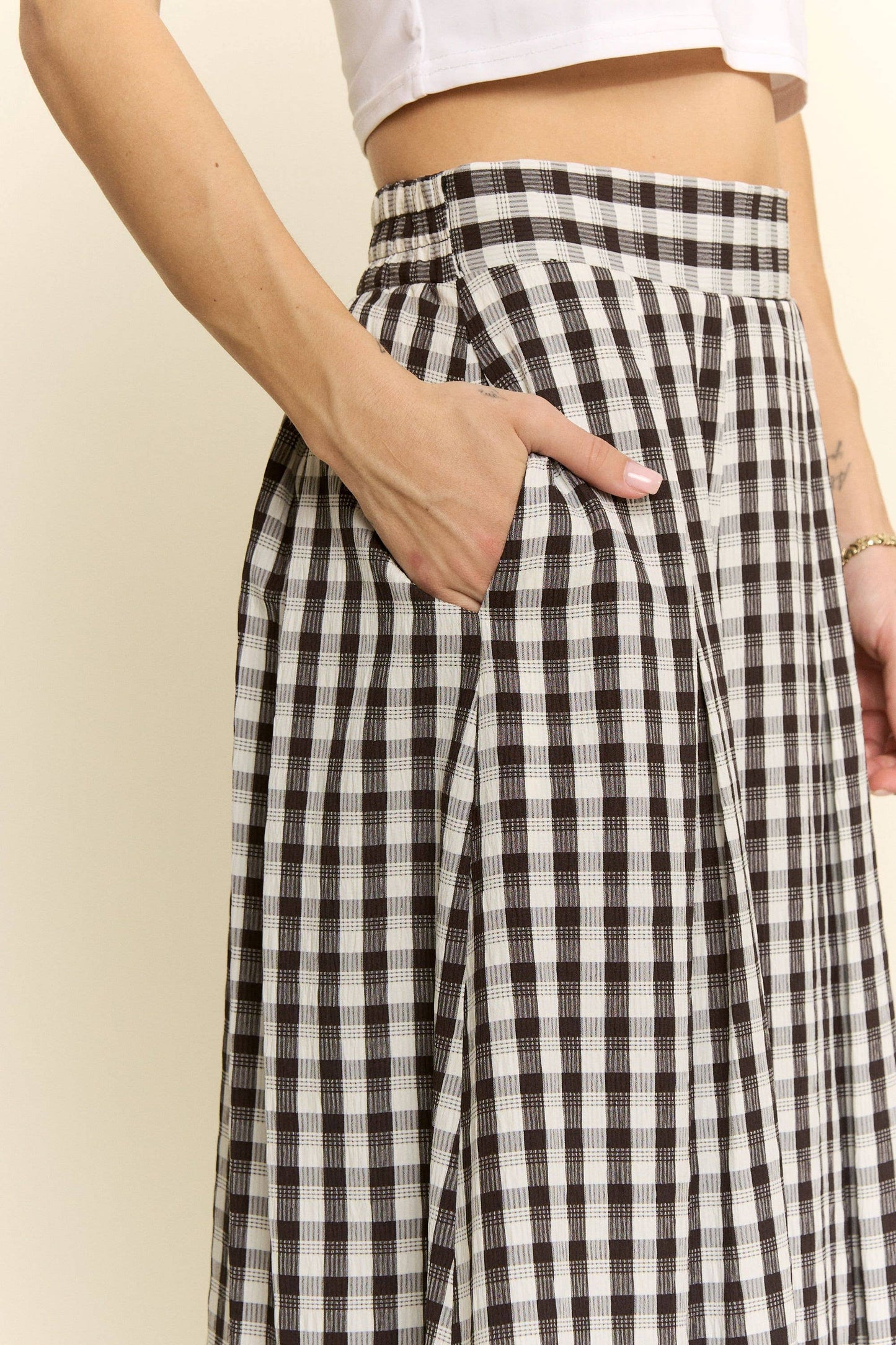 GINGHAM CHECK PLEATED MIDI SKIRT