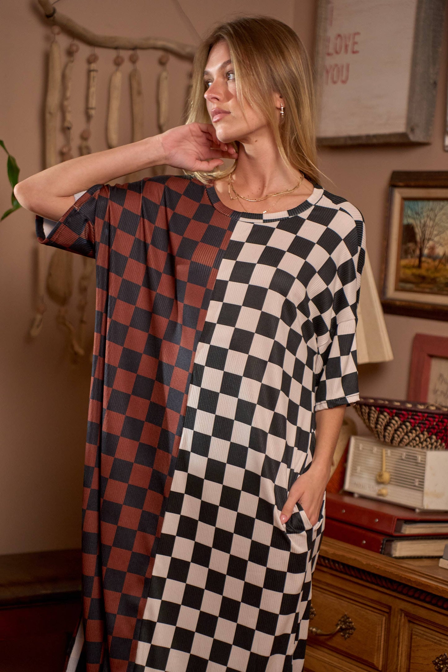 SPLIT DECISION CHECKERED MIDI DRESS