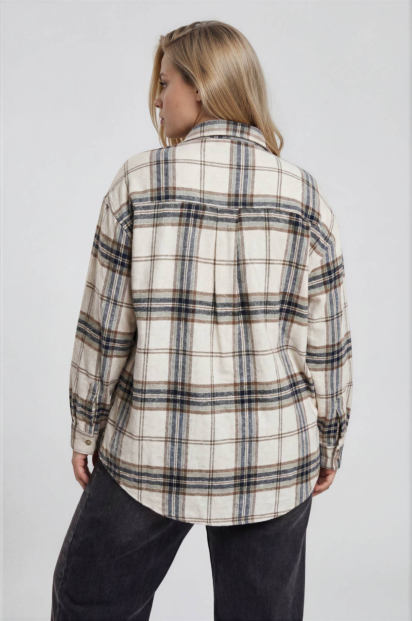 PLUS PLAID BOXY BUTTON COLLARED LONG SLEEVE SHIRT