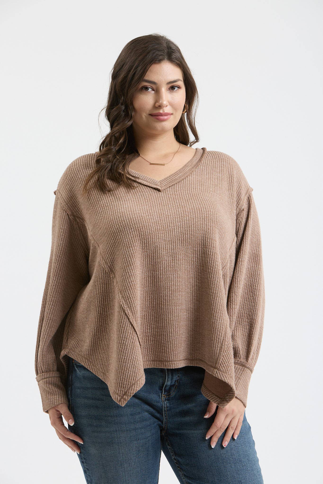 PLUS V NECK ASYMMETRICAL HEM LONG SLEEVE KNIT TOP
