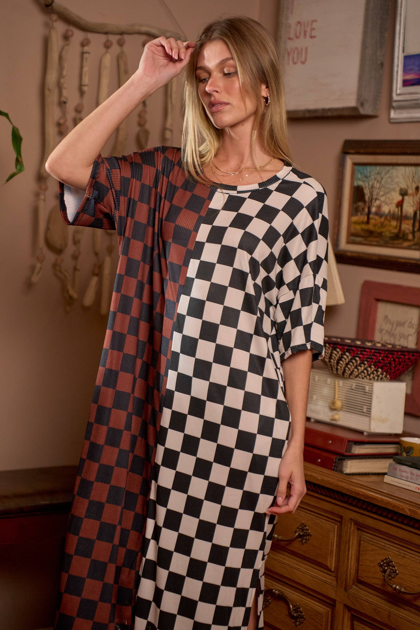 SPLIT DECISION CHECKERED MIDI DRESS