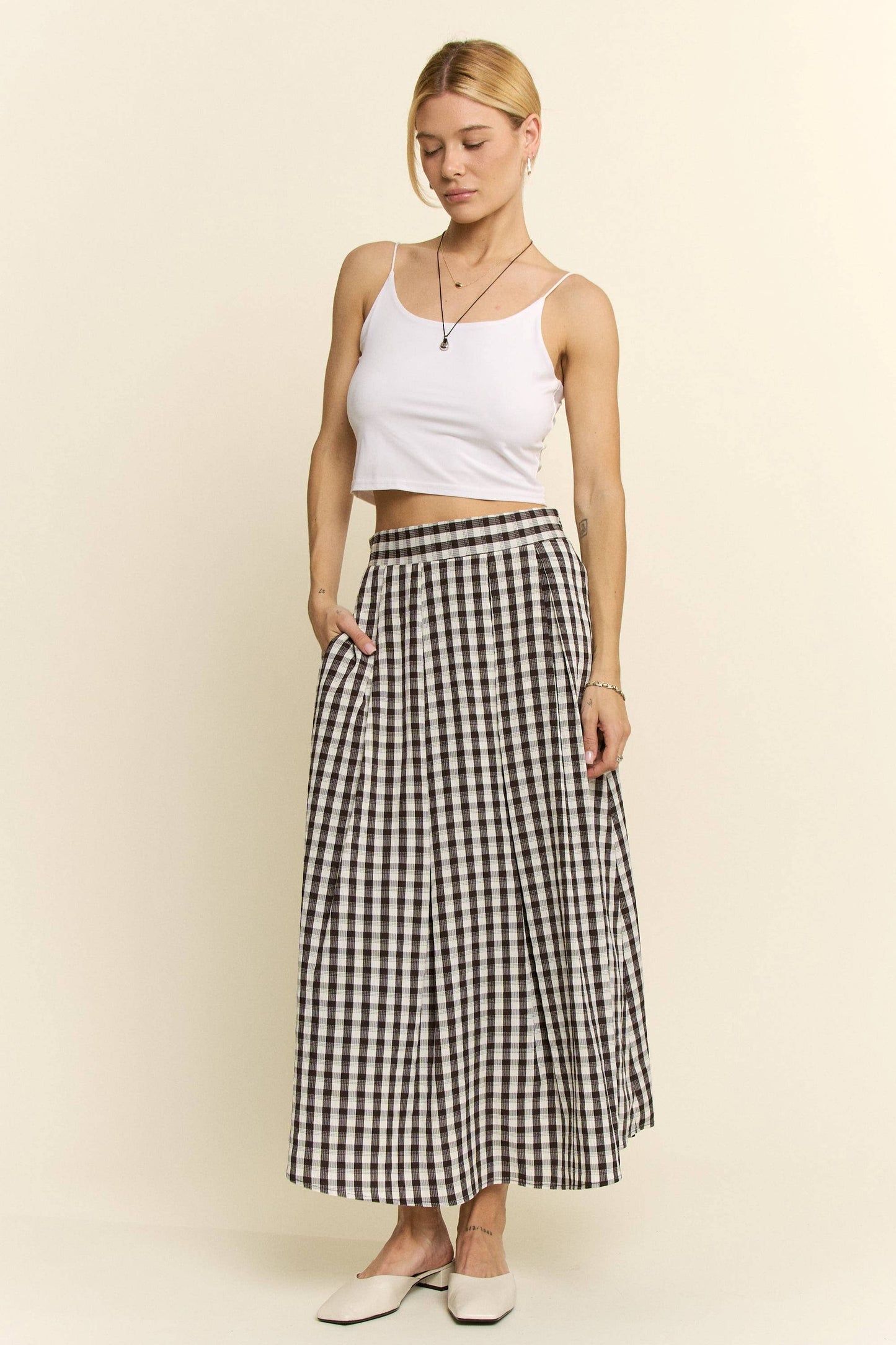 GINGHAM CHECK PLEATED MIDI SKIRT