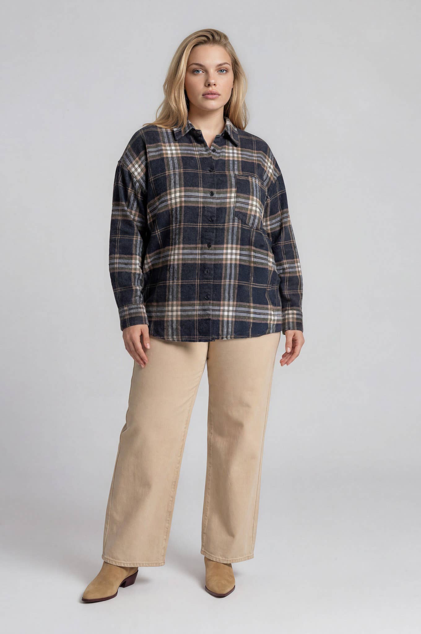 PLUS PLAID BOXY BUTTON COLLARED LONG SLEEVE SHIRT