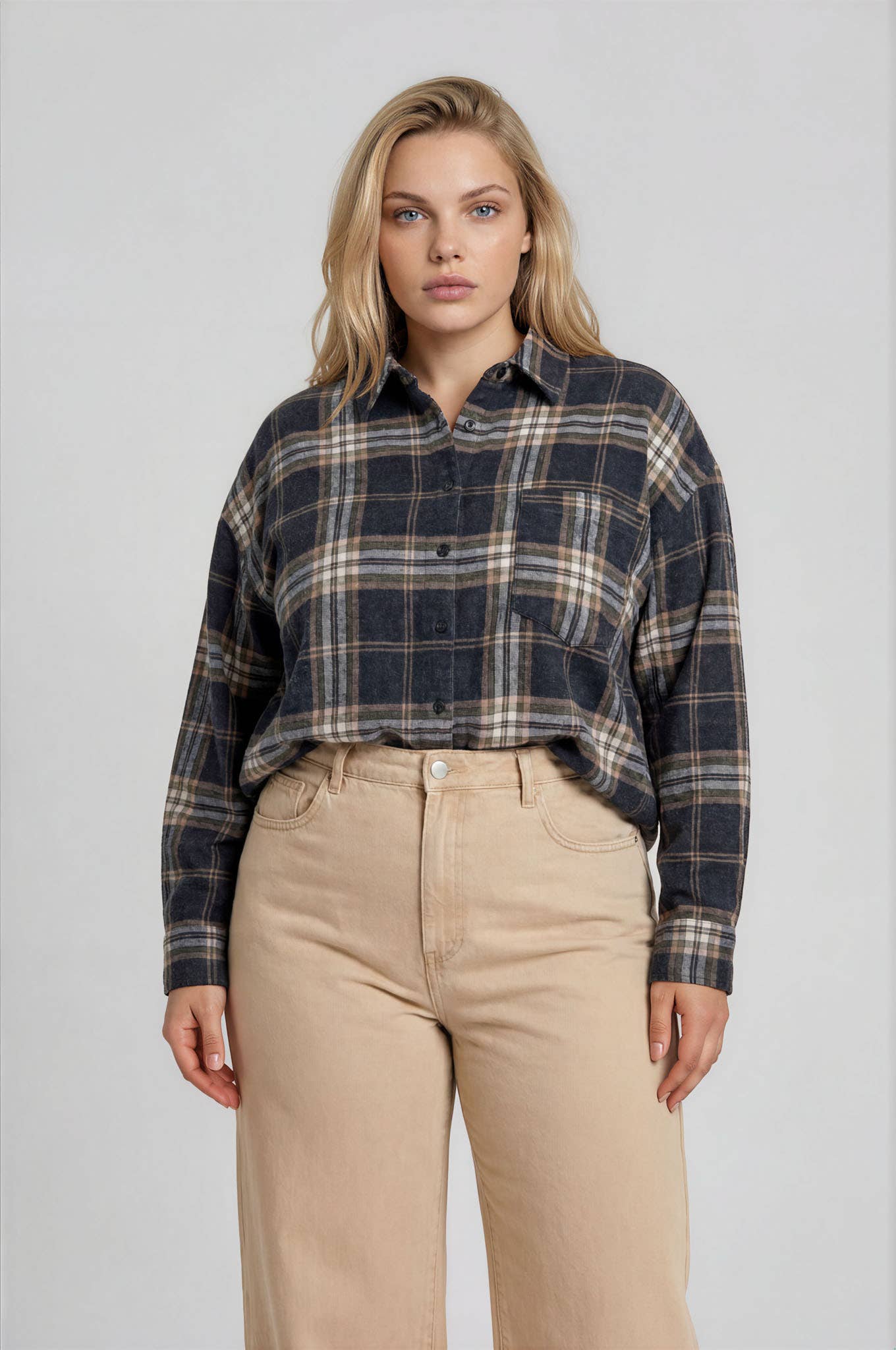 PLUS PLAID BOXY BUTTON COLLARED LONG SLEEVE SHIRT