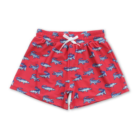 Red later alligator swim trunks