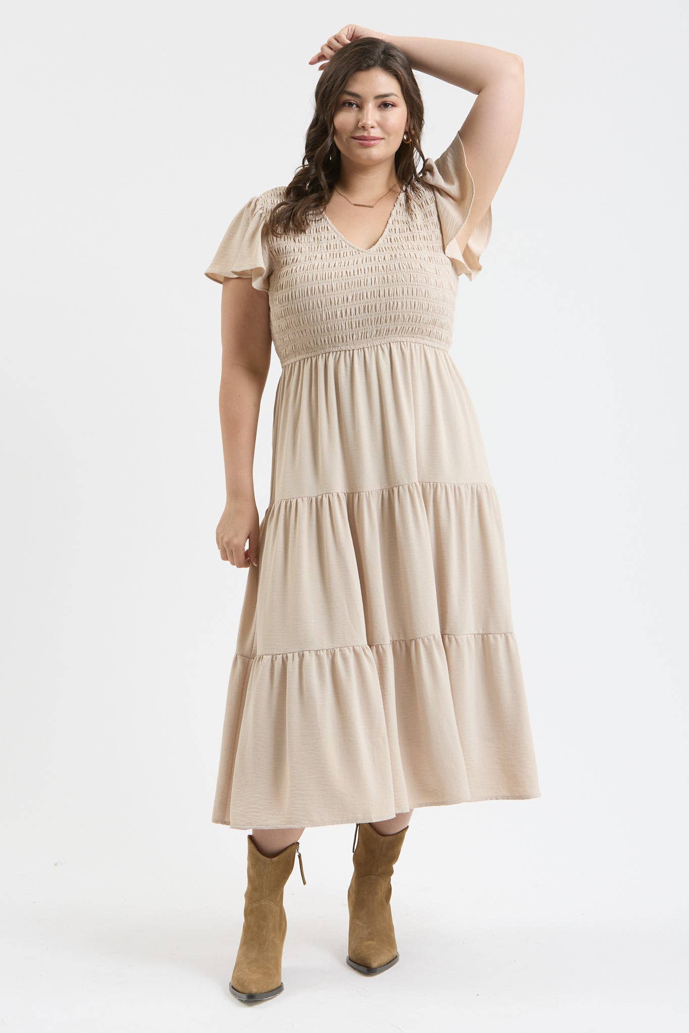 PLUS FLUTTER SLEEVE MIDI DRESS