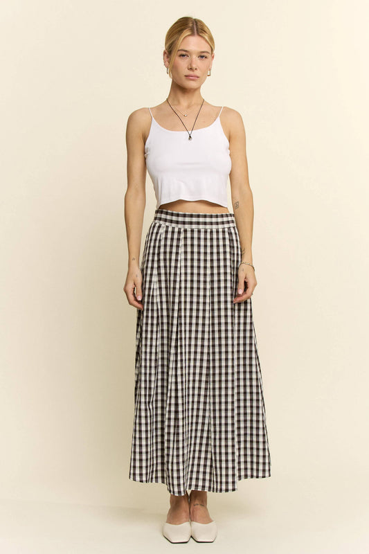 GINGHAM CHECK PLEATED MIDI SKIRT