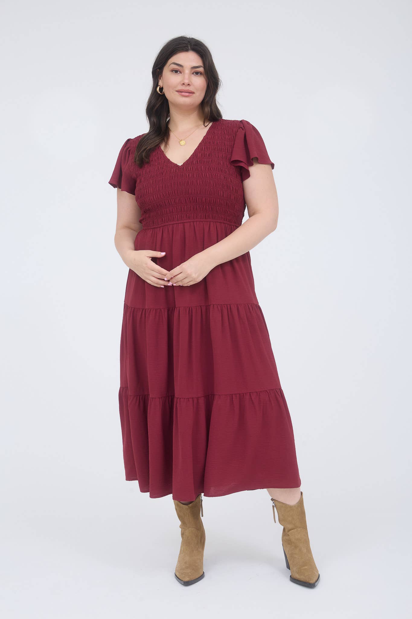 PLUS FLUTTER SLEEVE MIDI DRESS
