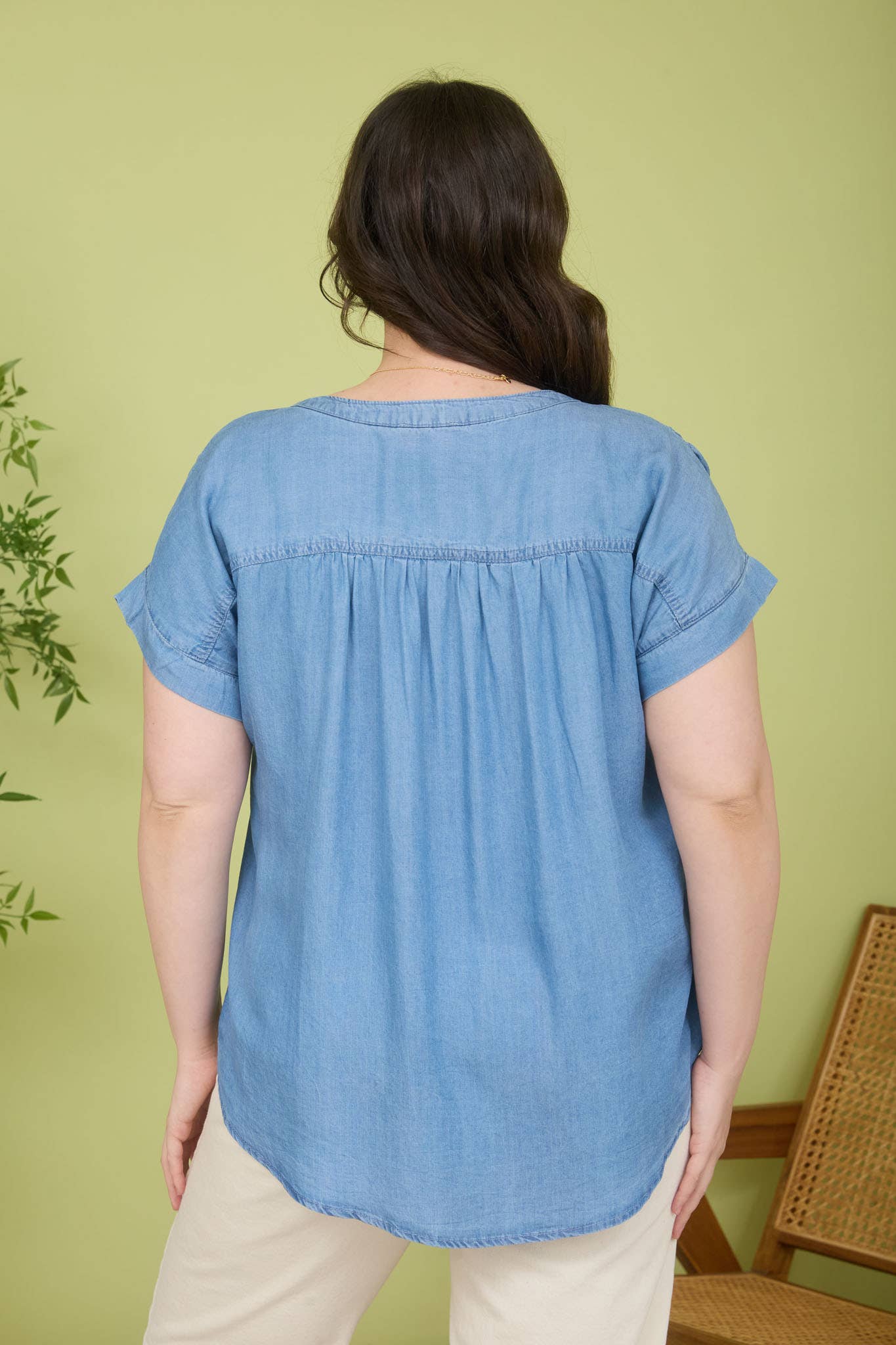 PLUS CHAMBRAY HENLEY RUCHED SHOULDER TOP