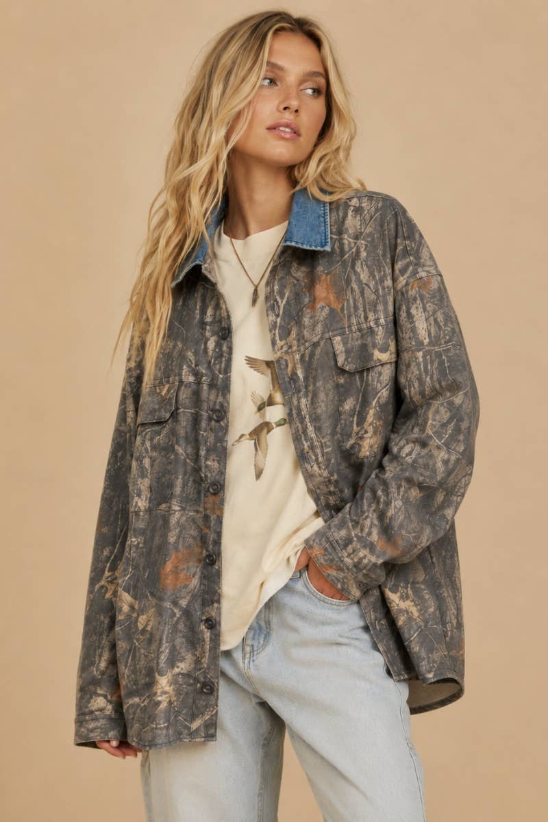 Denim Collar Camo Shacket