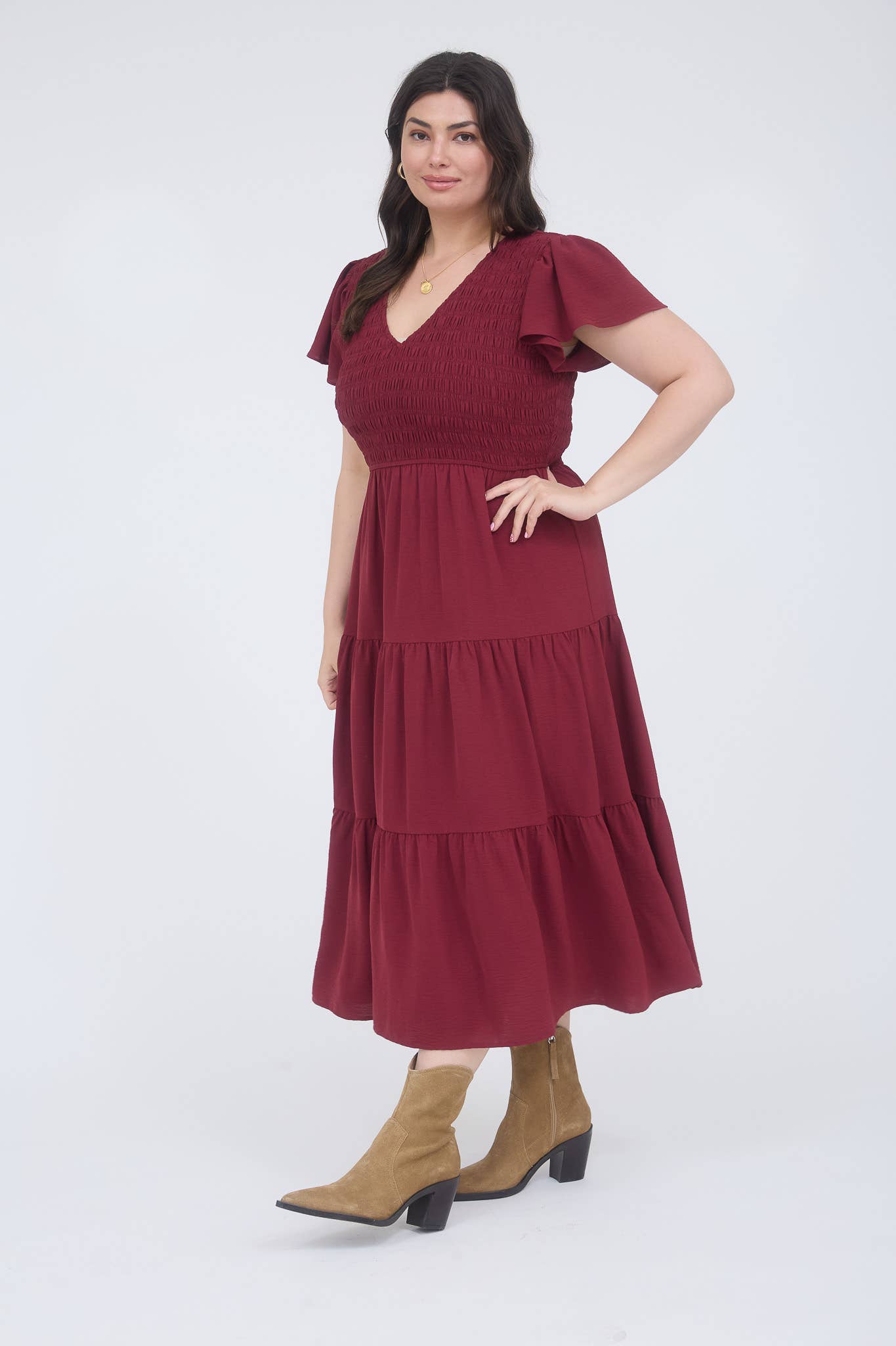 PLUS FLUTTER SLEEVE MIDI DRESS