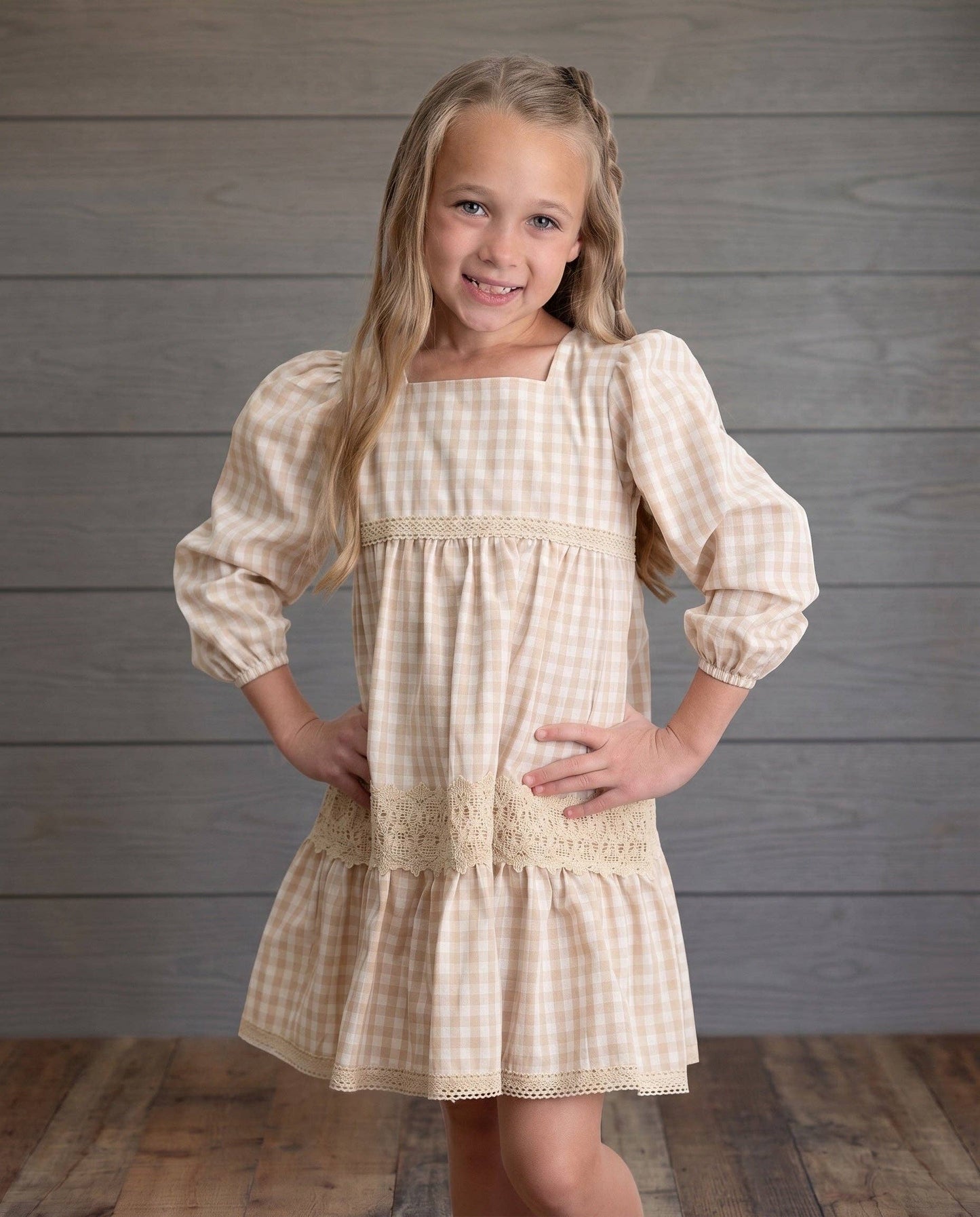 Girls Tan Gingham & Vintage Lace Puff Sleeve Tiered Dress