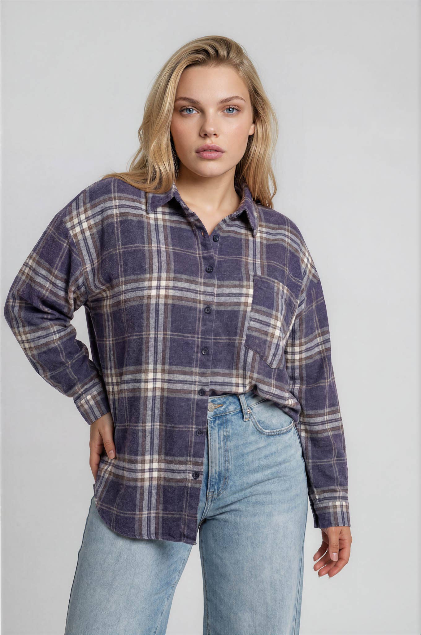 PLUS PLAID BOXY BUTTON COLLARED LONG SLEEVE SHIRT