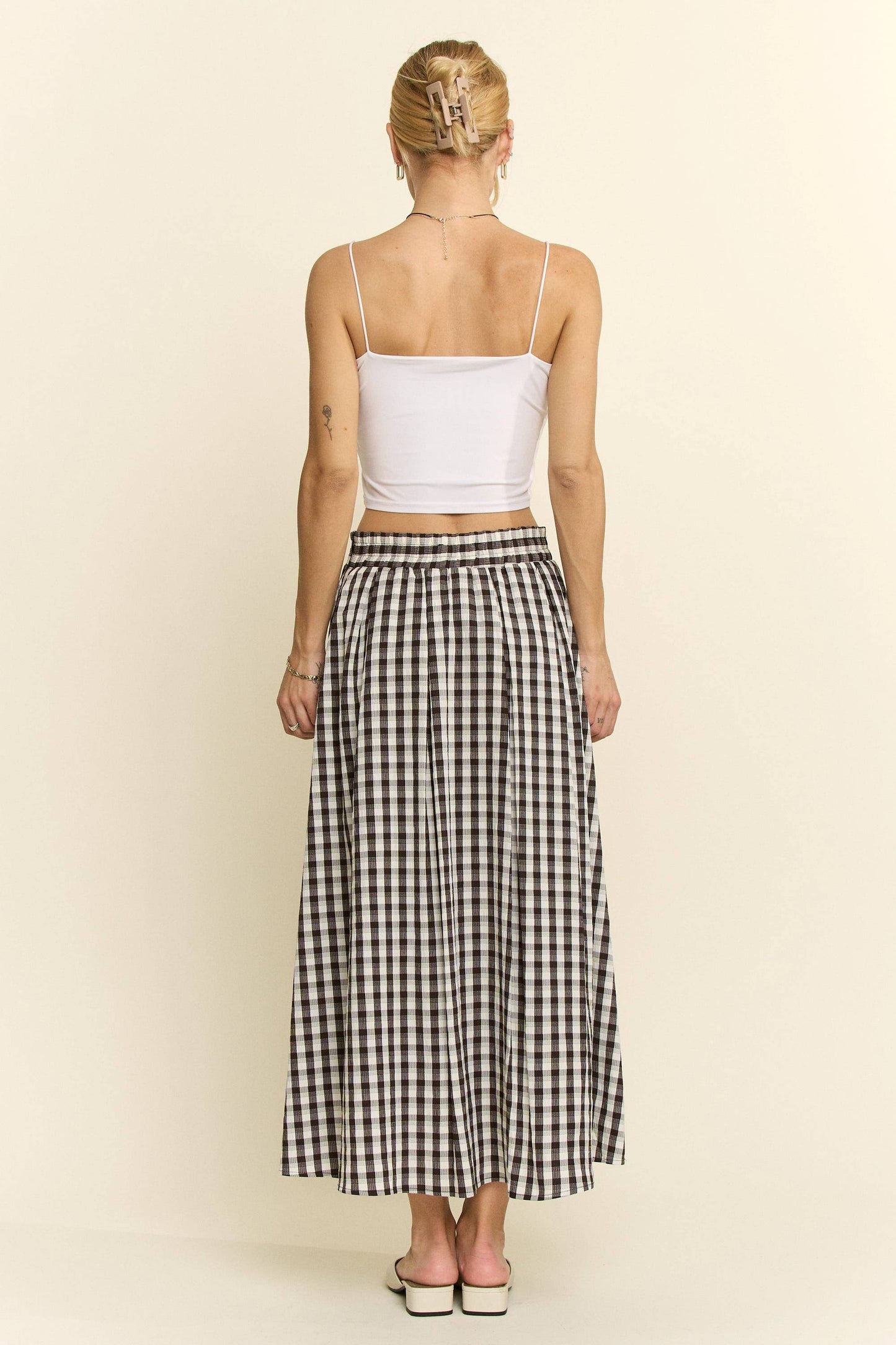 GINGHAM CHECK PLEATED MIDI SKIRT