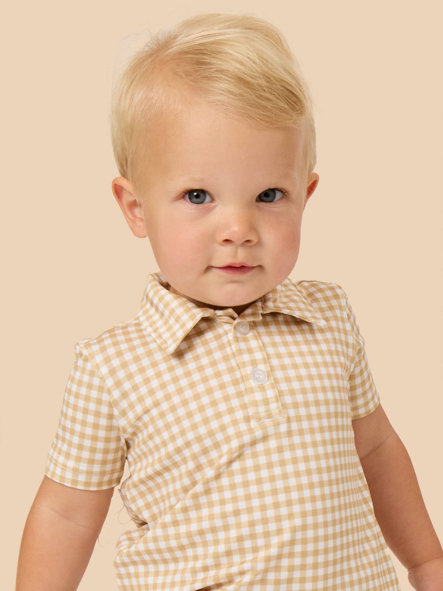 Boys Khaki Mini Gingham Knit Short Sleeve Performance Polo