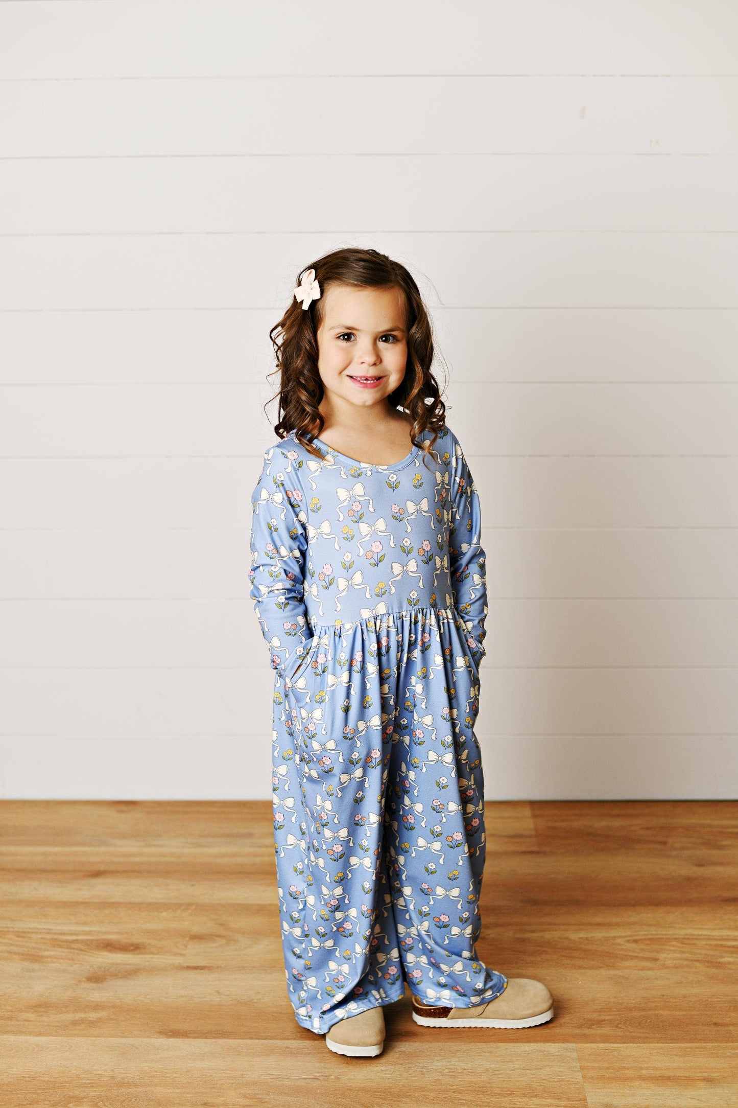 Kids Kelly Blue Coquette Bow Jumpsuit With Pockets