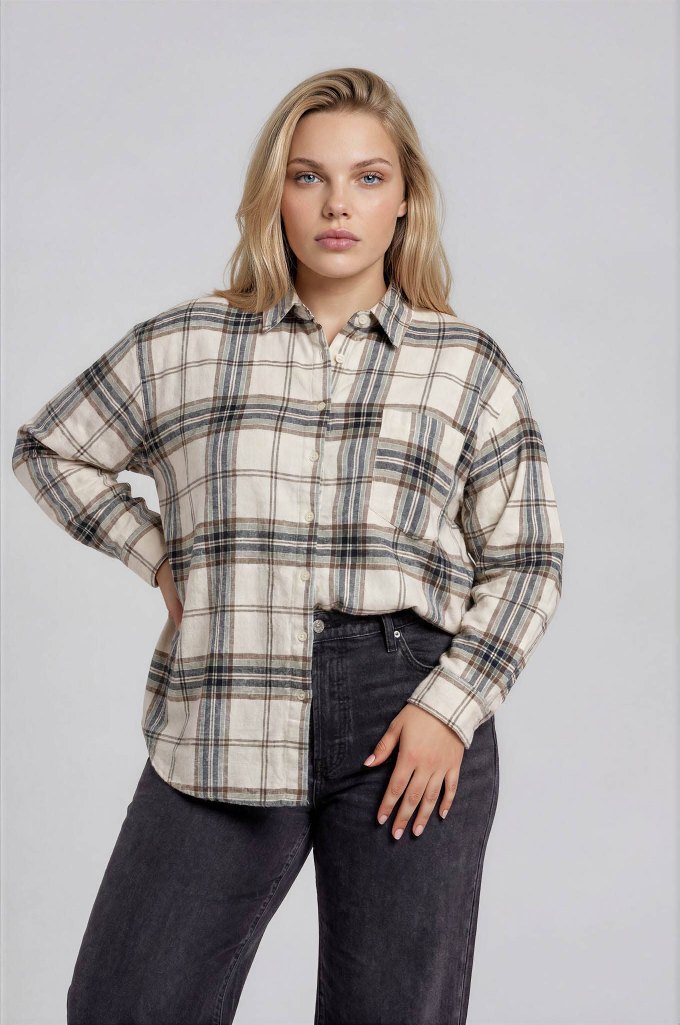 PLUS PLAID BOXY BUTTON COLLARED LONG SLEEVE SHIRT