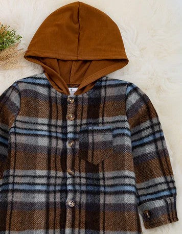 Brown & Blue Plaid Hooded Shacket