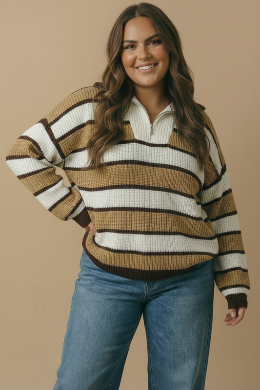 Plus Half Zip Striped Color Block Sweater