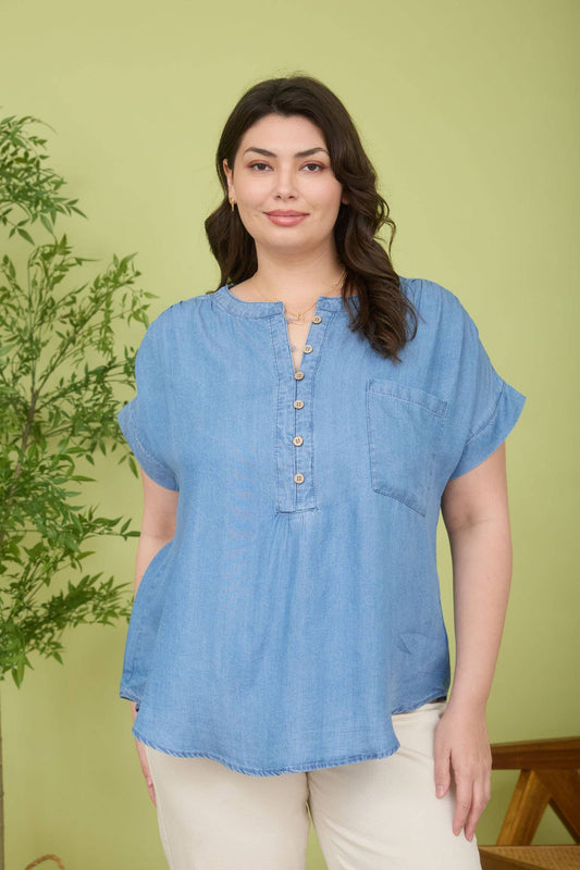 PLUS CHAMBRAY HENLEY RUCHED SHOULDER TOP