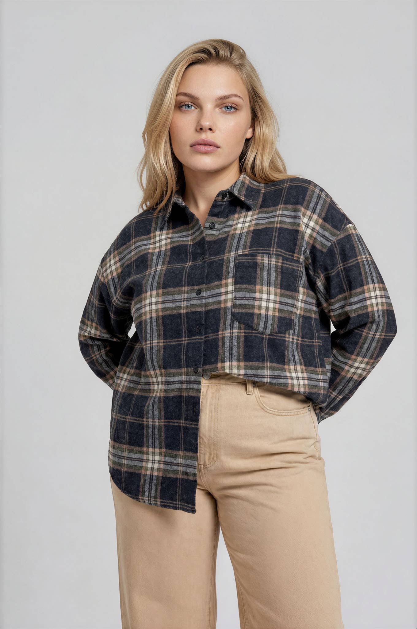 PLUS PLAID BOXY BUTTON COLLARED LONG SLEEVE SHIRT