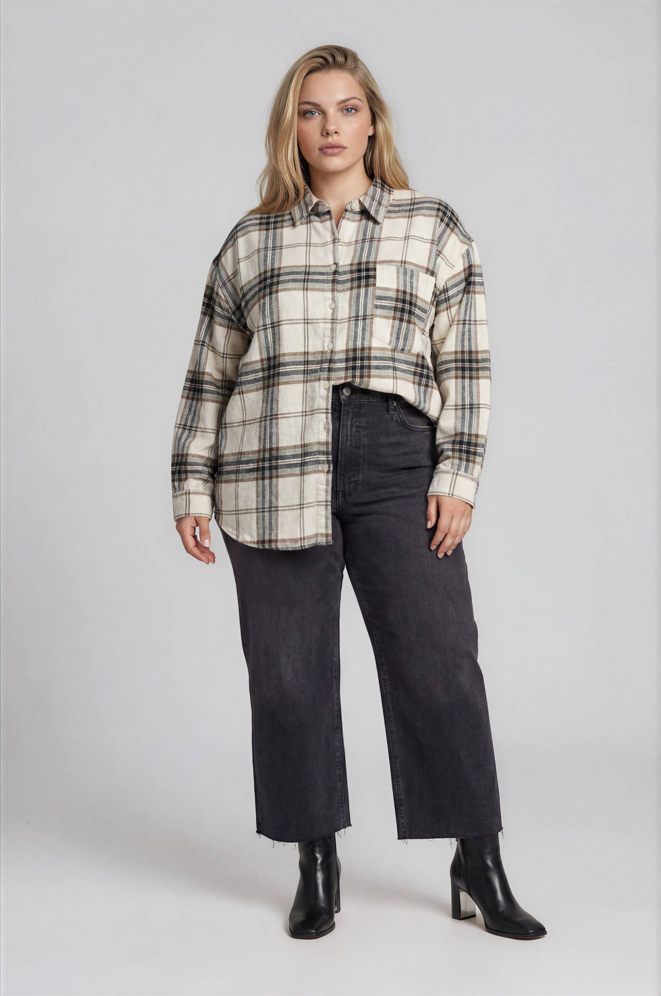 PLUS PLAID BOXY BUTTON COLLARED LONG SLEEVE SHIRT
