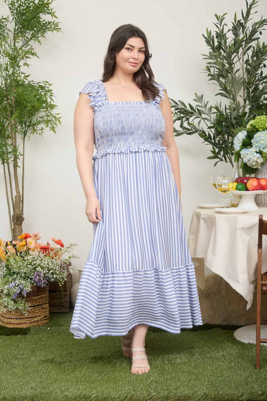 PLUS STRIPE SMOCKED RUFFLE TRIM MIDI DRESS