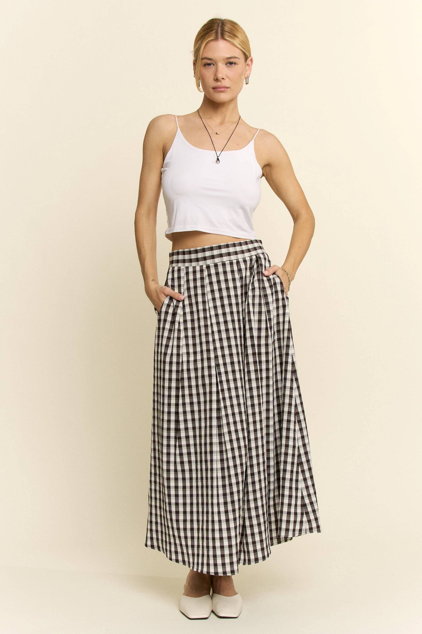 GINGHAM CHECK PLEATED MIDI SKIRT