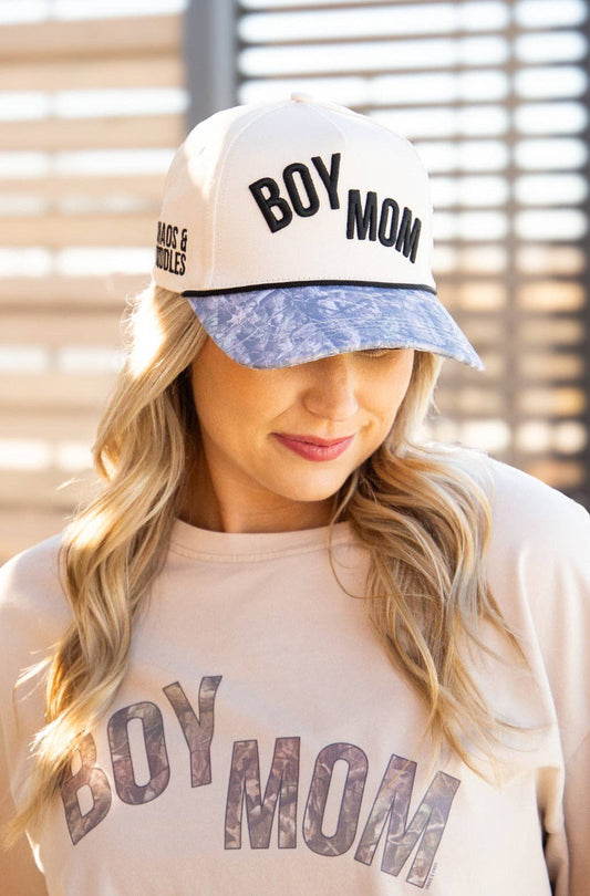 "Boy Mom" on Tan Hat with Camo Bill