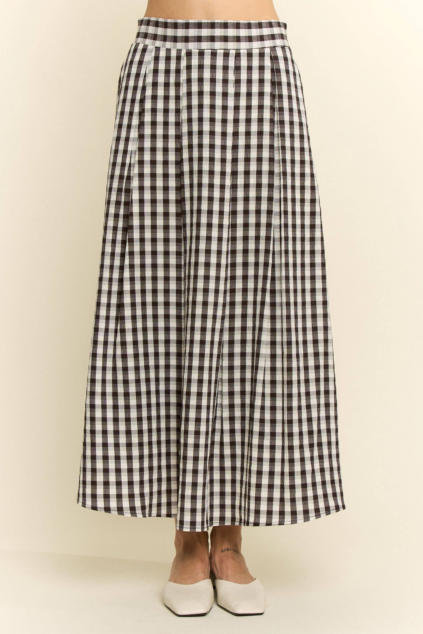 GINGHAM CHECK PLEATED MIDI SKIRT