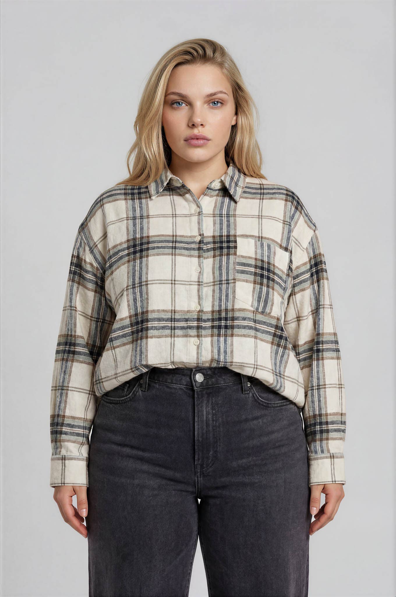 PLUS PLAID BOXY BUTTON COLLARED LONG SLEEVE SHIRT