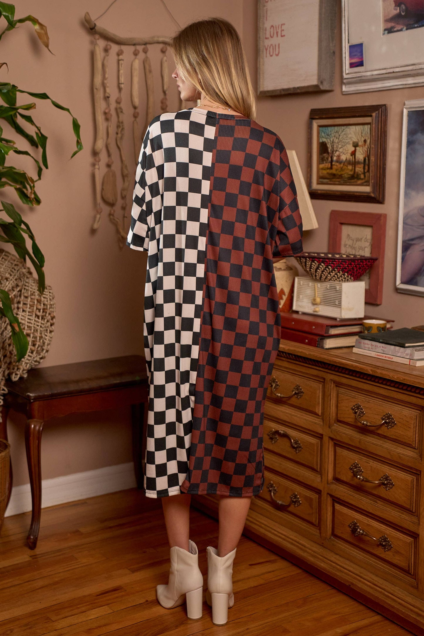 SPLIT DECISION CHECKERED MIDI DRESS