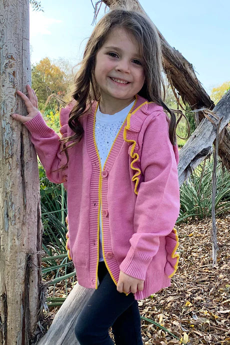 Pink Sweater with Yellow Ruffle Trim