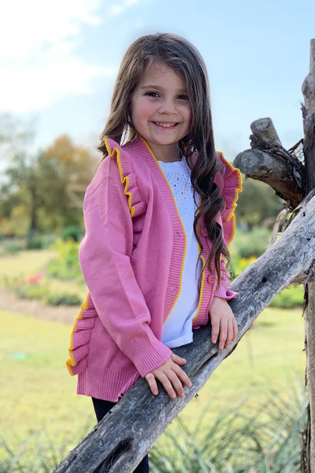 Pink Sweater with Yellow Ruffle Trim